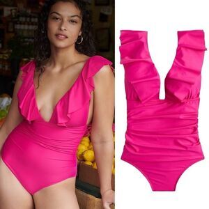 J Crew Radiant Fuchsia Ruffle V-Neck Ruched One Piece Swimsuit Sz 4 NWT